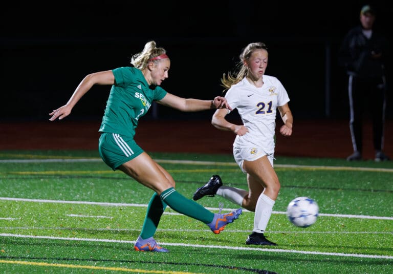 Sehome’s Evelyn Sherwood scores a goal as Sehome and Ferndale battled to a 2-2 tie game on Tuesday