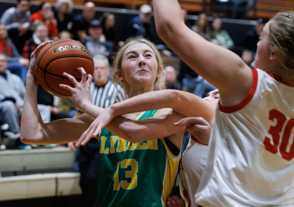 Lynden’s Lexi Hermanutz is fouled as she drives to the basket.