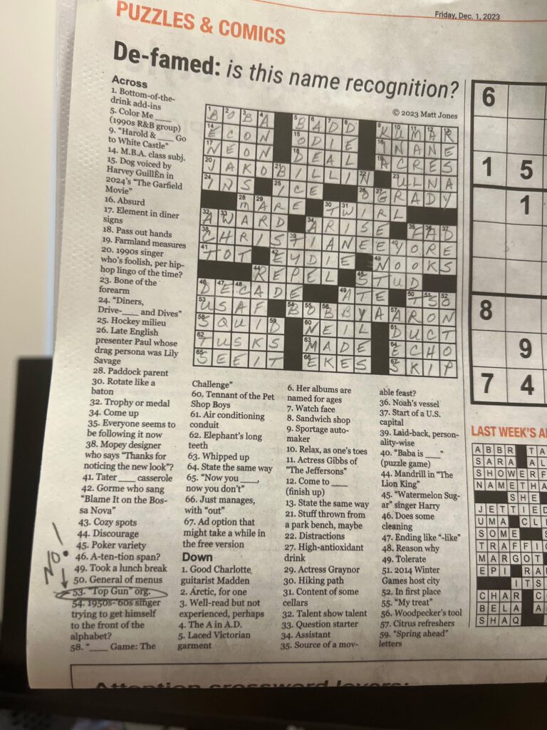 Cascadia Daily News reader Rick Lowell noticed an error in Matt Jones' crossword and Lowell circled the clue and wrote "NO!" in the margin.