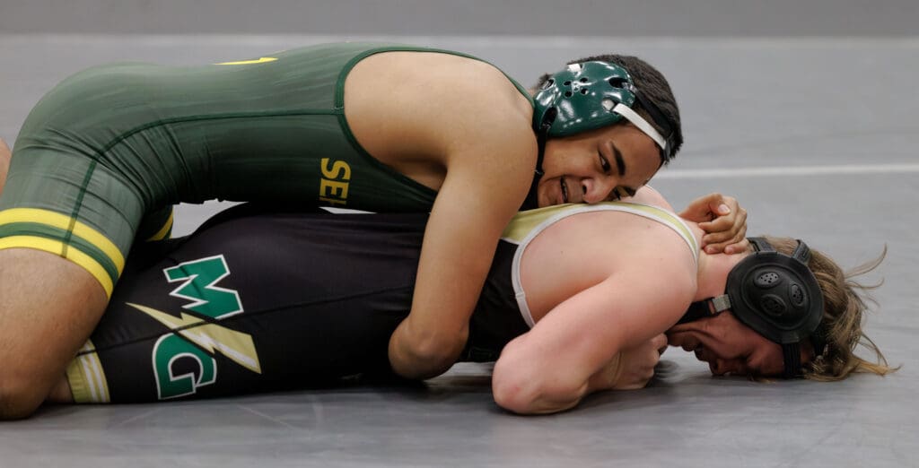 Sehome’s Pierson Lewis takes down his Marysville-Getchell opponent.