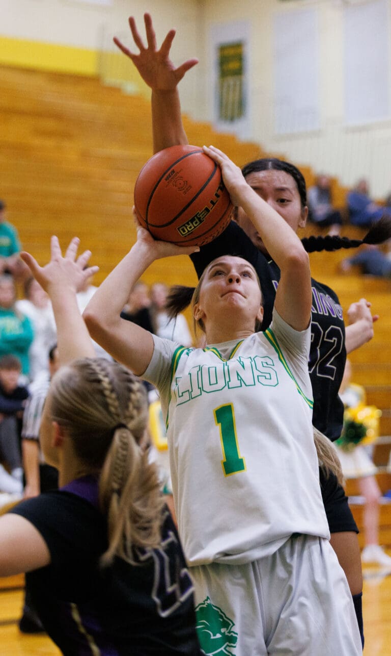 Lynden’s Mallary Villars looks for the basket as she is fouled from behind.