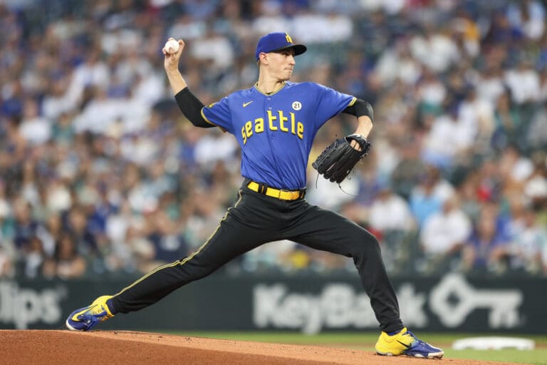 Seattle Mariners starting pitcher George Kirby throws against the Los Angeles Dodgers during the first inning of a baseball game Friday