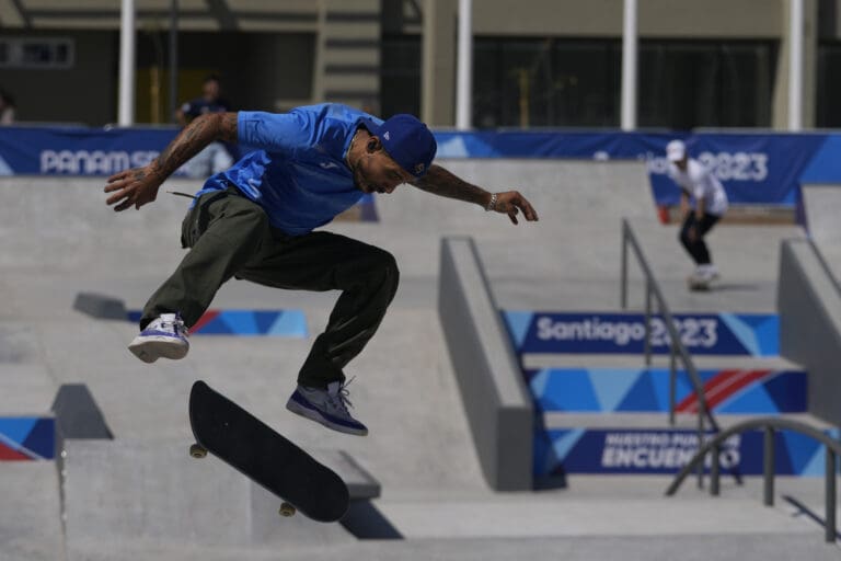 Puerto Rico's skateboarder Manny Santiago practices ahead of the start of the Pan-American Games Tuesday