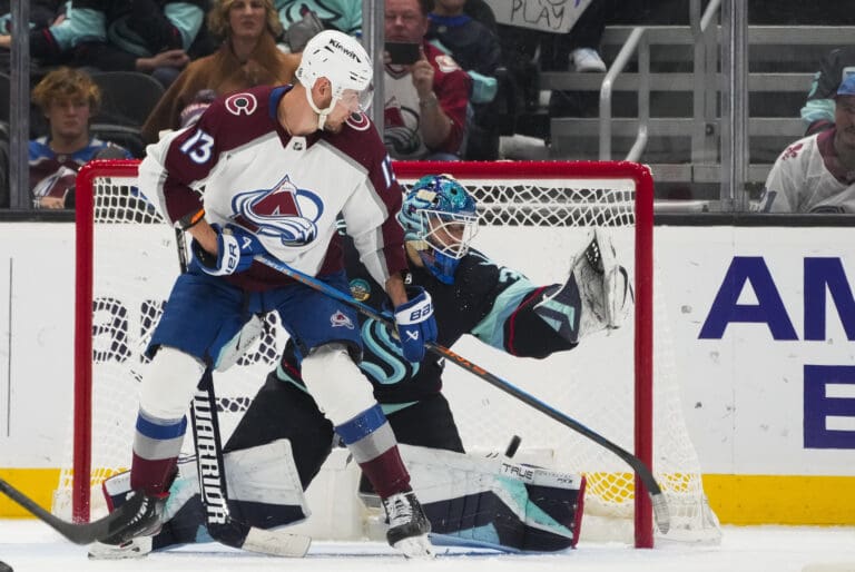 Colorado Avalanche right wing Valeri Nichushkin (13) redirects the puck in an attempt to get a shot through the goalkeeper.