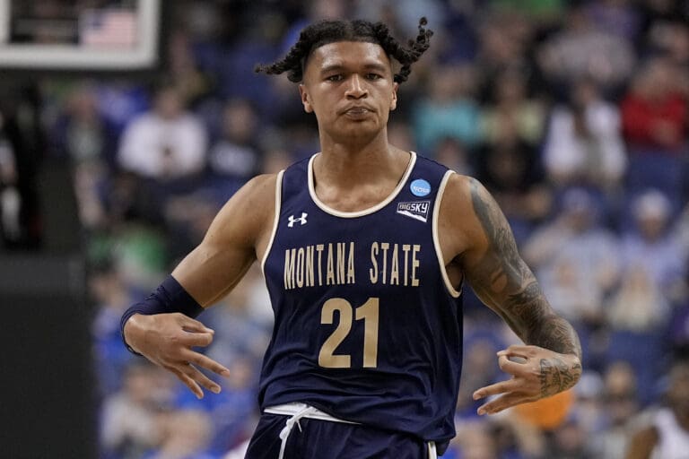 RaeQuan Battle celebrates March 17 after scoring for Montana State against Kansas State during the first half of a first-round college basketball game in the NCAA Tournament in Greensboro