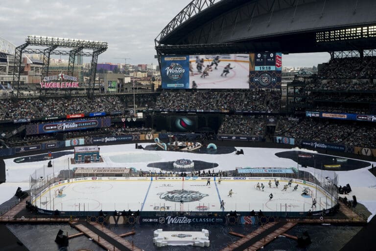The Seattle Kraken and the Vegas Golden Knights play during the first period of the NHL Winter Classic hockey game Monday