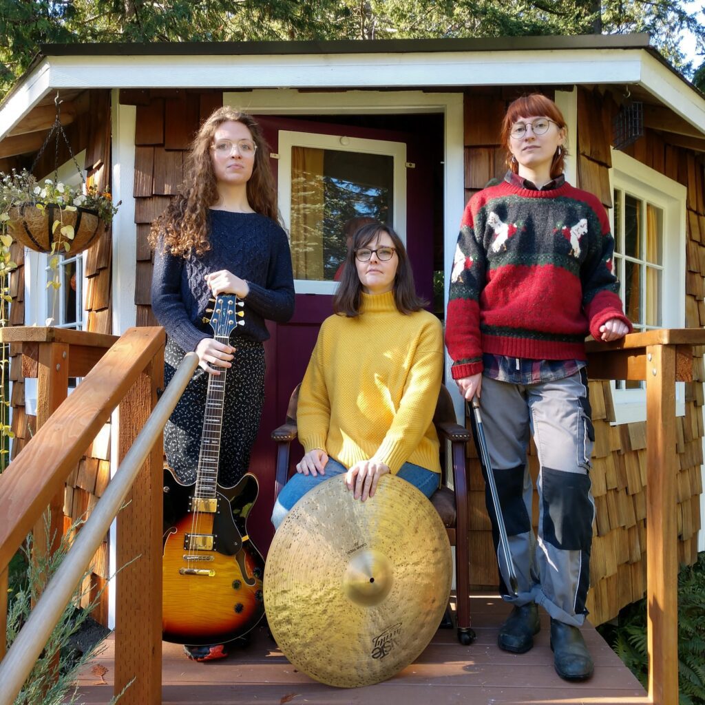 Aperatonic Trio poses for a photo with their instruments in front of a wooden cabin.