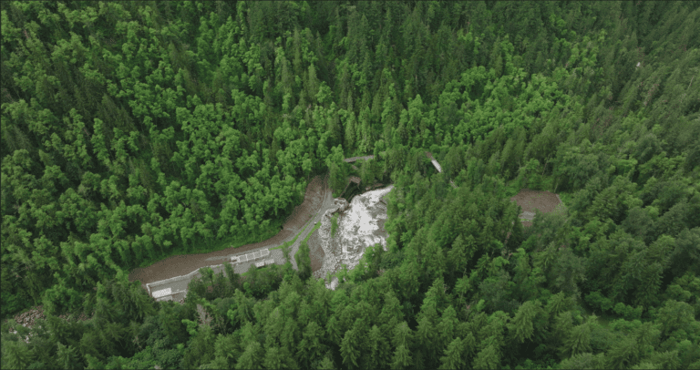 A drone shot shows the site of the former Middle Fork Nooksack Dam.