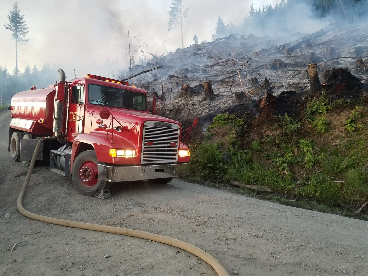 A red fire truck parked next to a burned down forest.