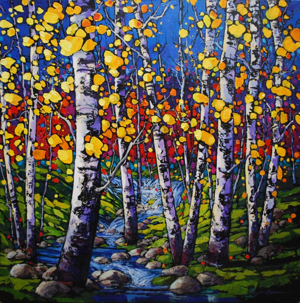 Jennifer Bowman's acrylic painting “Black Birches” is a colorful piece showcasing birch trees.