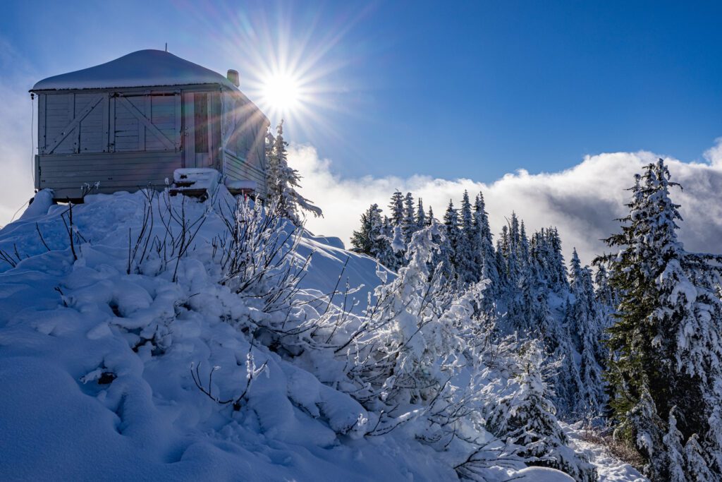 The sun shines on a wooden cabin sitting on top of a snowy hill and surrounded by trees.