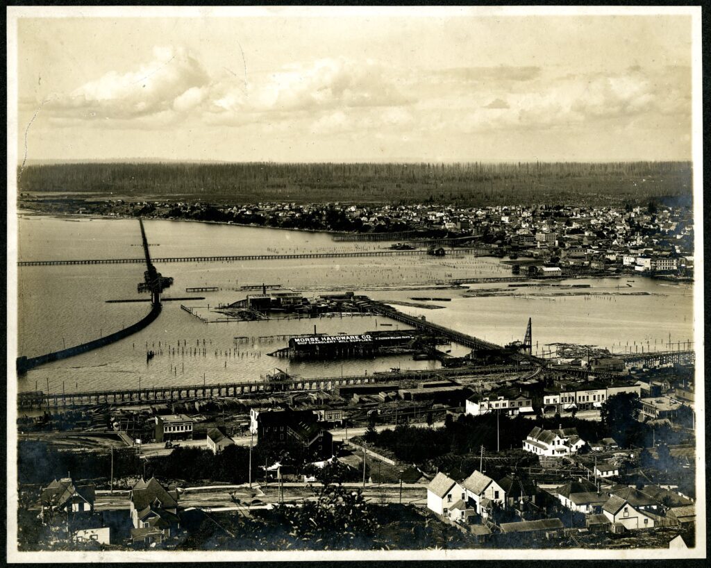 Vintage photo of railroads along the piers of the city's waterfront, Bellingham Bay.