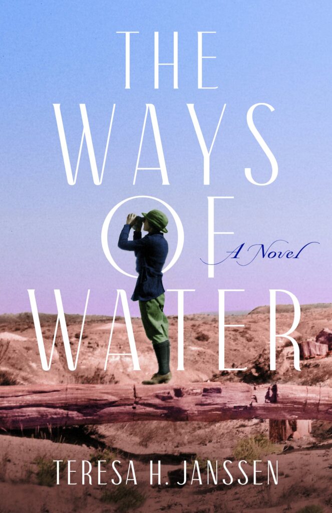The book cover of "The Ways of Water" has a person looking through binoculars in between typography.