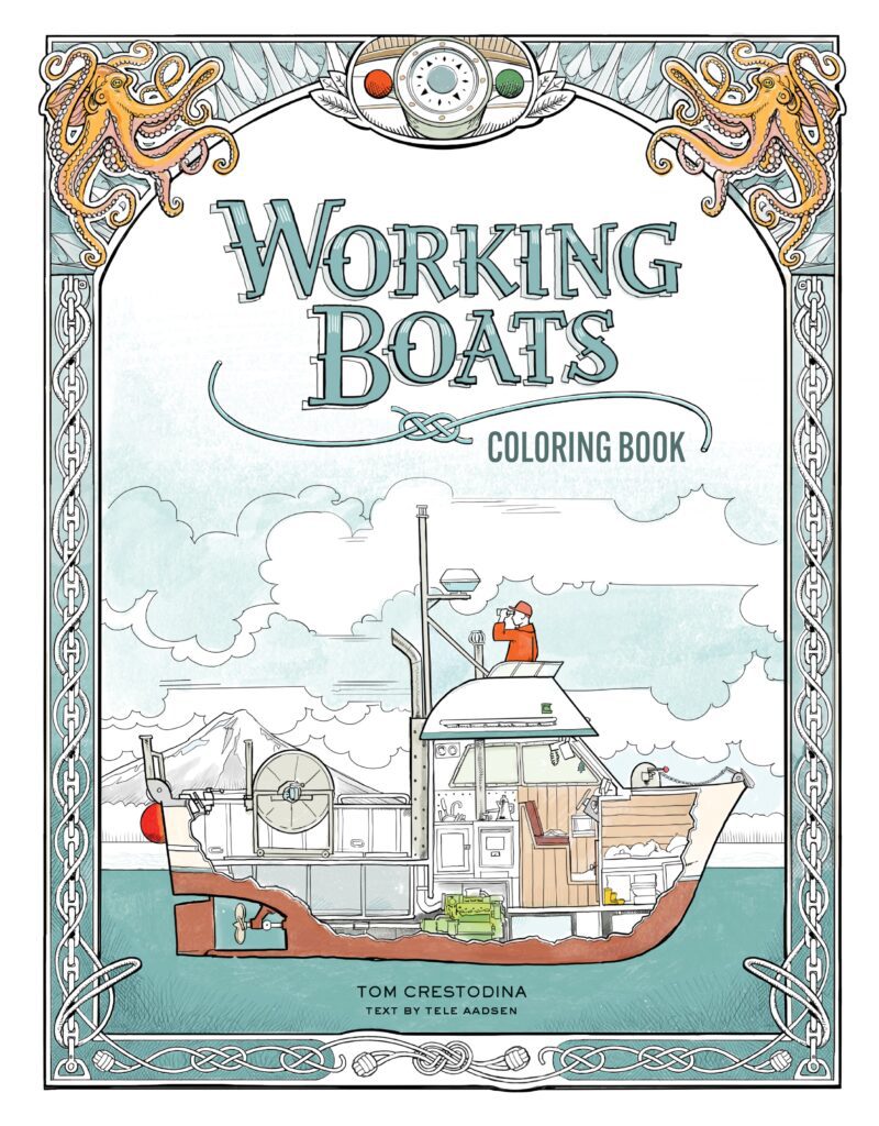 The colorful cover of “Working Boats" coloring book highlights the inside of the boat.