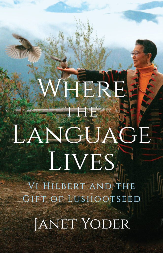 The book cover of "Where the Language Lives" has a woman letting two birds eat from her hand.