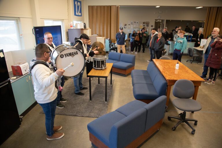 Teacher Mitchell Morrison and a group of Ferndale Community Transitions students begin the open house with a drumline.
