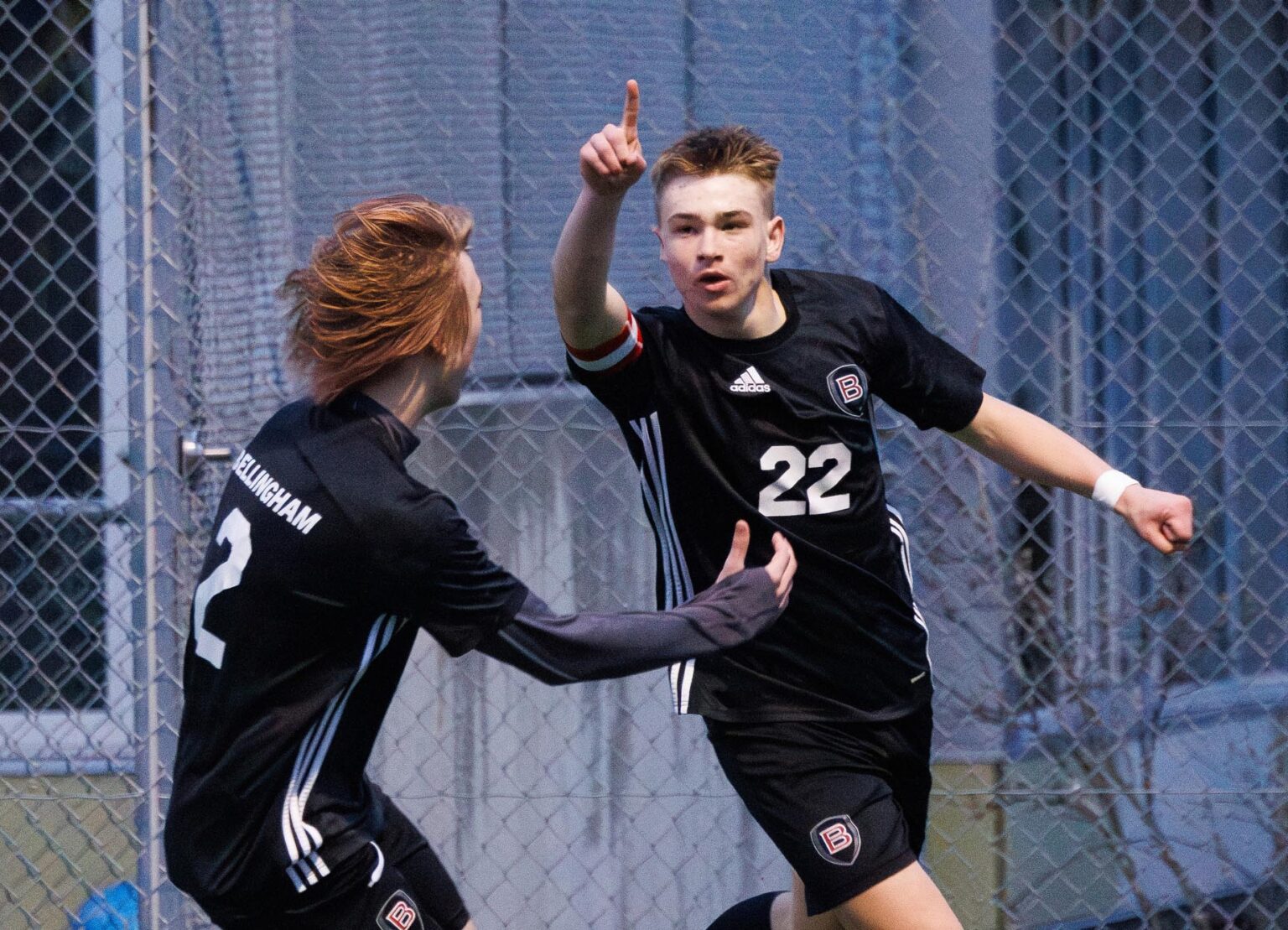 Bellingham's Judah Straight celebrates after scoring the second goal of his hat trick Saturday, March 23 during the Bayhawks' 4-2 win over Lynden in Bellingham.