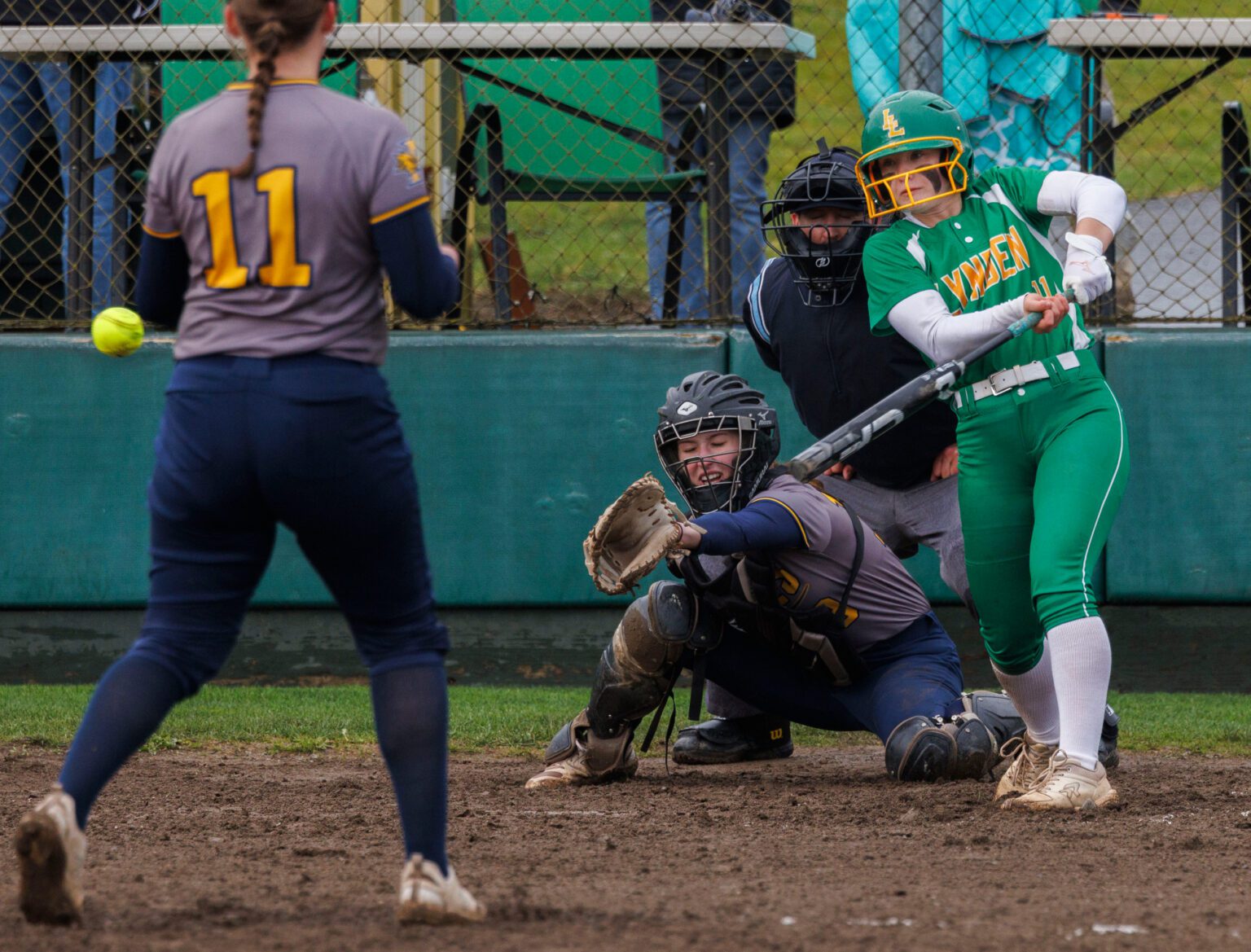 Lynden's Campbell DeJong drives in a run Thursday, March 28 during the Lions' 10-7 win over Ferndale at Lynden High School.