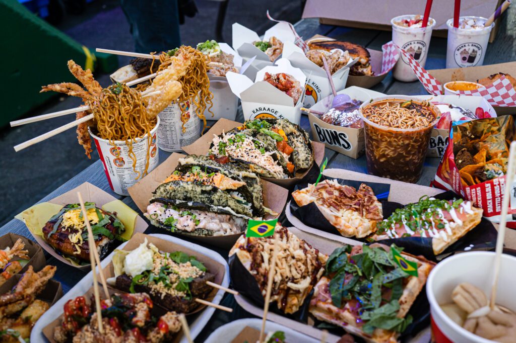 A variety of street foods at the Richmond Night Market on Friday, April 26, includes sushi tacos, dessert bao, Brazilian waffles and Aloha Boys noodles.