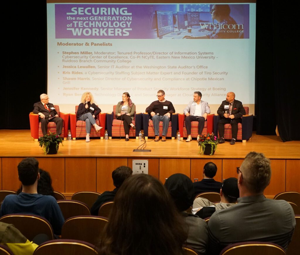 Members of the panel on cybersecurity workforce issues in Bellingham on April 24, from left to right: moderator Stephen Miller; Jennifer Kennedy, Boeing; Jessica Lewallen, Washington State Auditor's Office; Ryan Bergsma, Cloud Security Alliance; Kris Rides, TIRO Security; Shawn Harris, Chipotle Mexican Grill.