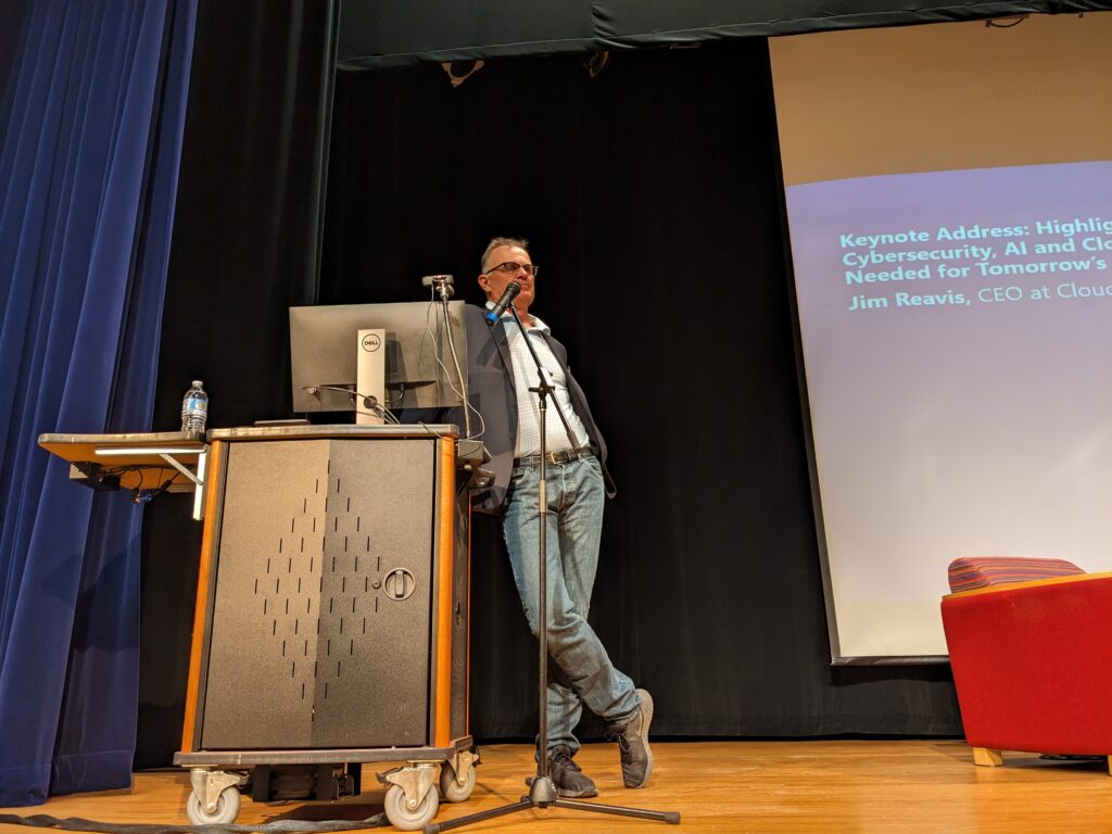 Cloud Security Alliance CEO JIm Reavis gives the keynote at Washington State Cybersecurity Center of Excellence's "Securing the Next Generation of Technology Workers" event at Whatcom Community College on April 24.