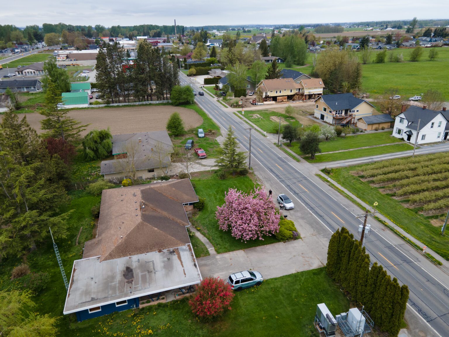 An aerial view of Everson's Main Street where residential homes line alongside the road.