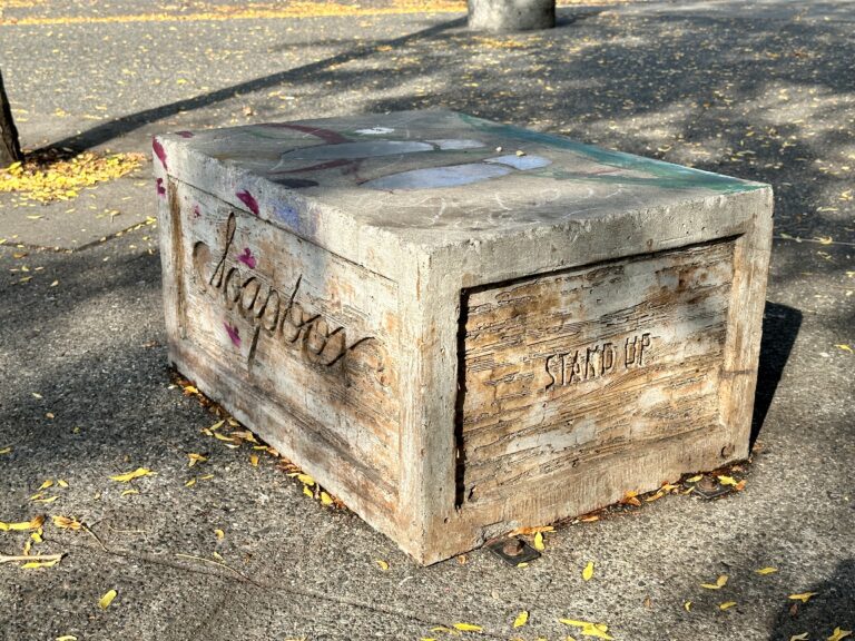 Bellingham's soapbox idling on the sidewalk is bolted to the ground.